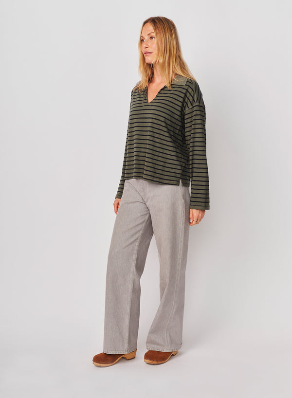 sundry Sundry Popover Polo Boyfriend Long Sleeve Top in Signature Green