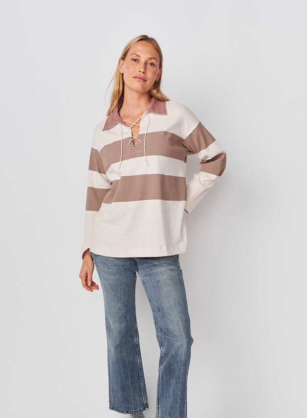 Sundry Sundry Rugby Stripe Tie Polo In Oyster / Mushroom