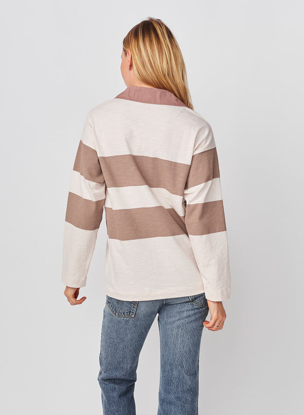 Sundry Sundry Rugby Stripe Tie Polo In Oyster / Mushroom