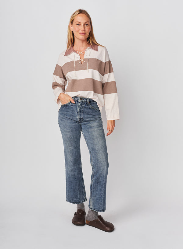 sundry Sundry Rugby Stripe Tie Polo in Oyster / Mushroom