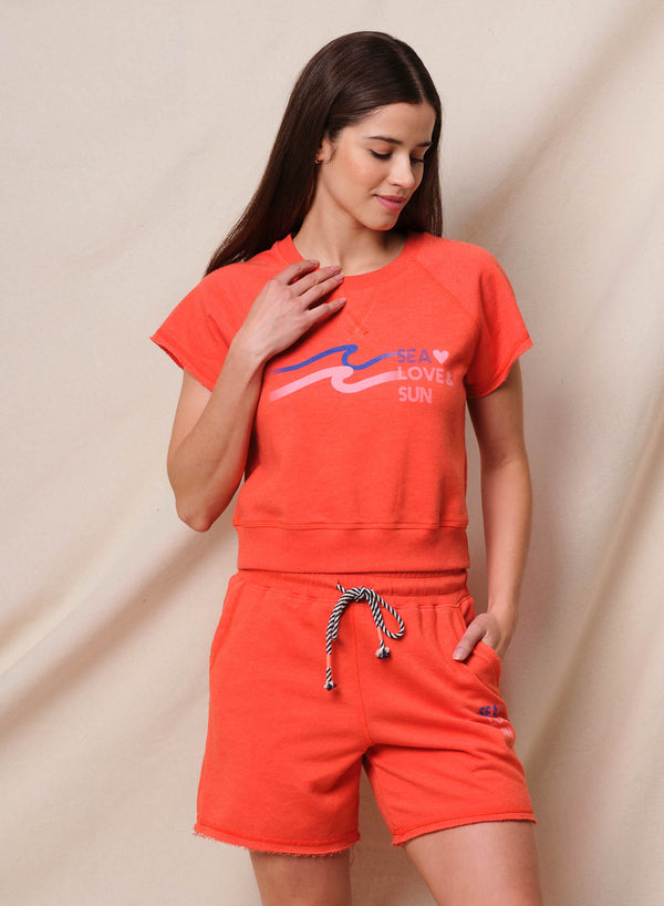 sundry Sundry Sea Love Sun Short Sleeve Sweatshirt in Bright Coral