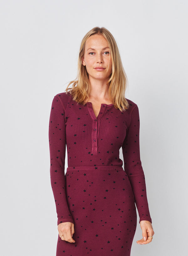 Sundry Sundry Stars Long Sleeve Henley In Mulled Wine