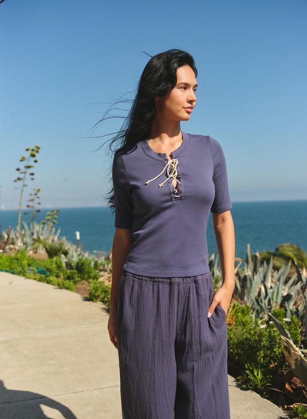 Sundry Sundry Lace Up Coastal Top In Vintage Navy