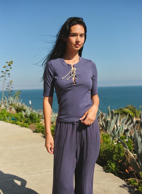 sundry Sundry Lace Up Coastal Top in Vintage Navy