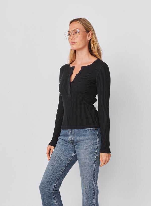 Sundry Sundry Long Sleeve Henley In Washed Black