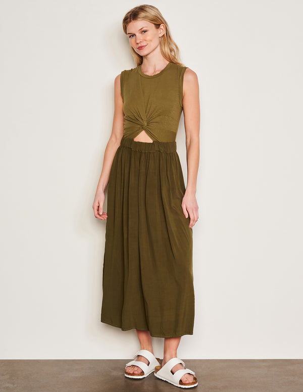 sundry Sundry Midi Mixed Media Dress in Olive