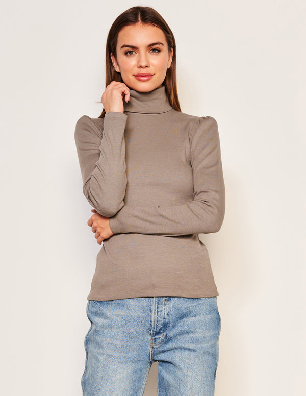 Sundry Sundry Puff Sleeve Turtle Neck In Taupe