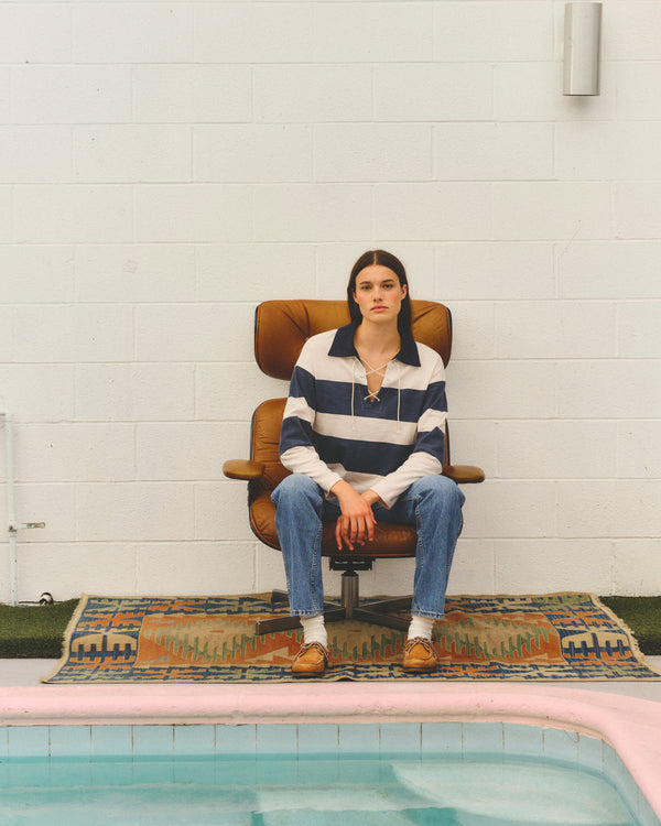 Sundry Sundry Rugby Stripe Tie Polo In Oyster / Navy