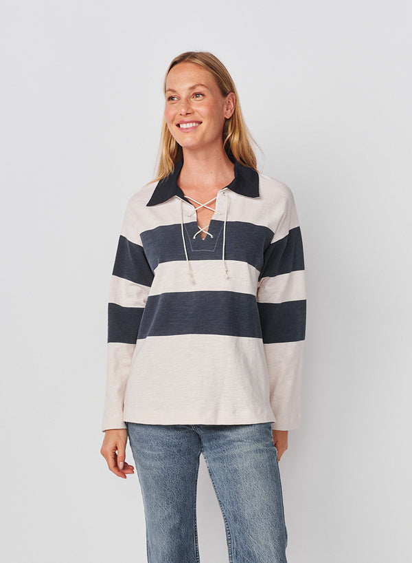 Sundry Sundry Rugby Stripe Tie Polo In Oyster / Navy