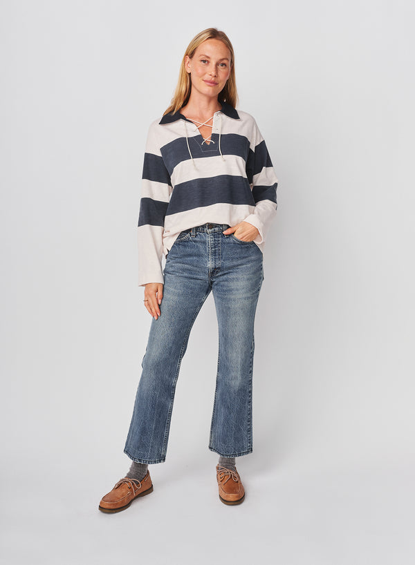 Sundry Sundry Rugby Stripe Tie Polo In Oyster / Navy