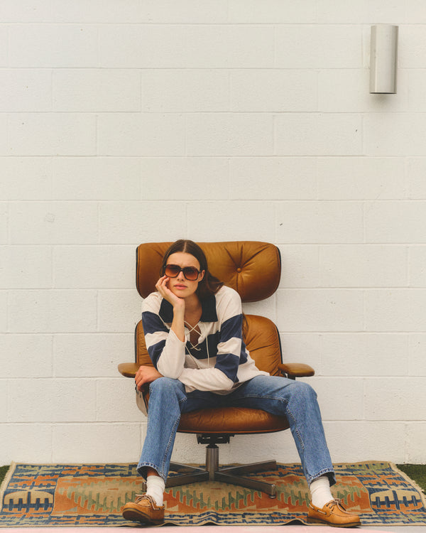 sundry Sundry Rugby Stripe Tie Polo in Oyster / Navy