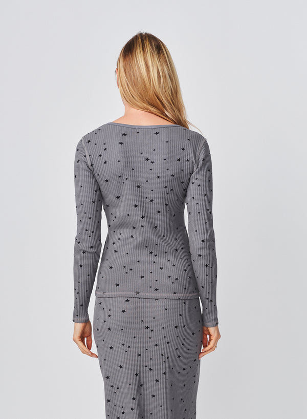 Sundry Sundry Stars Long Sleeve Henley In Steel