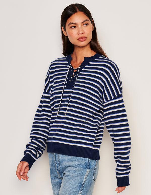 Sundry Sundry Stripes Lace Up Sweater In Oyster