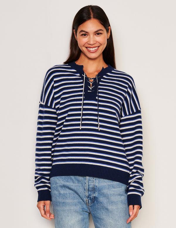 sundry Sundry Stripes Lace Up Sweater in Oyster