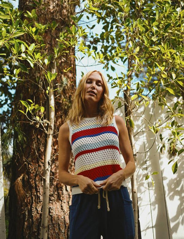 sundry Sundry Tie Back Stripe Tank Sweater in Bright Coral