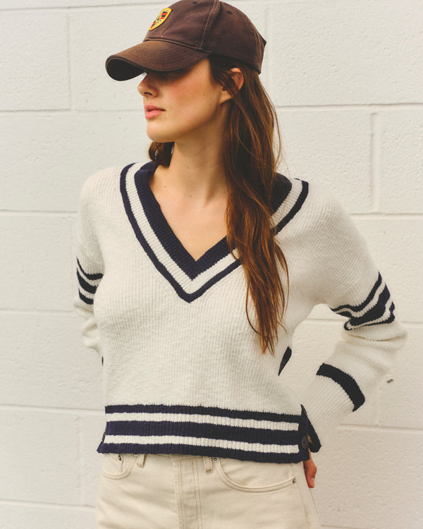 Sundry Sundry V-Neck Sweater With Stripe Details In Optic White
