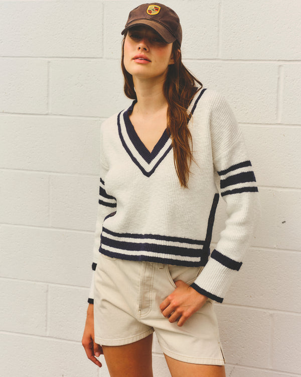 sundry Sundry V-Neck Sweater with Stripe Details in Optic White
