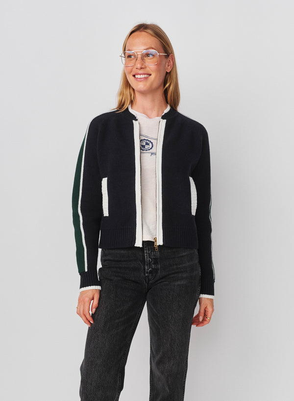 Sundry Sundry Varsity Sweater Jacket With 2 Way Zipper In Deep Navy
