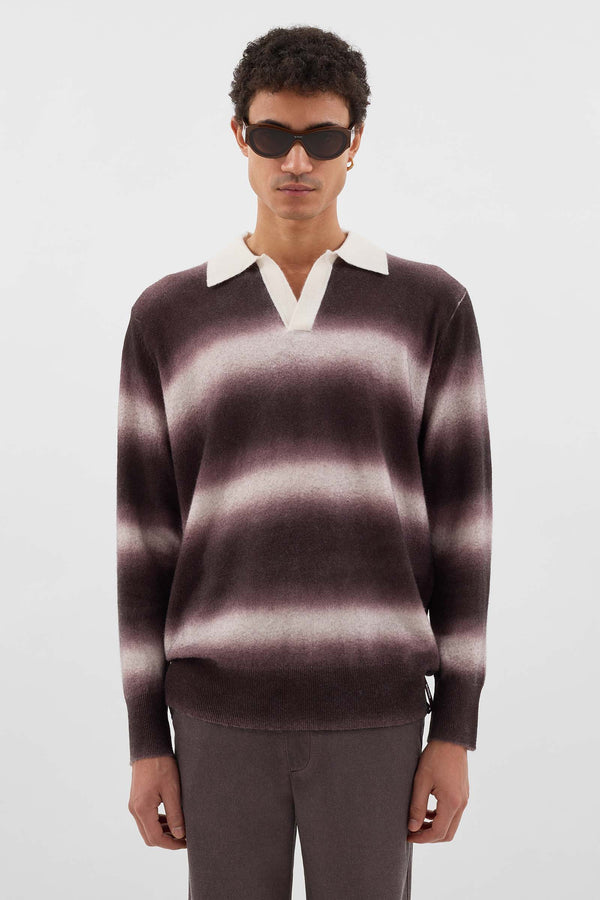 Sunnei STRIPED KNIT LONGSLEEVE POLO / Burnt Aubergine & Off White