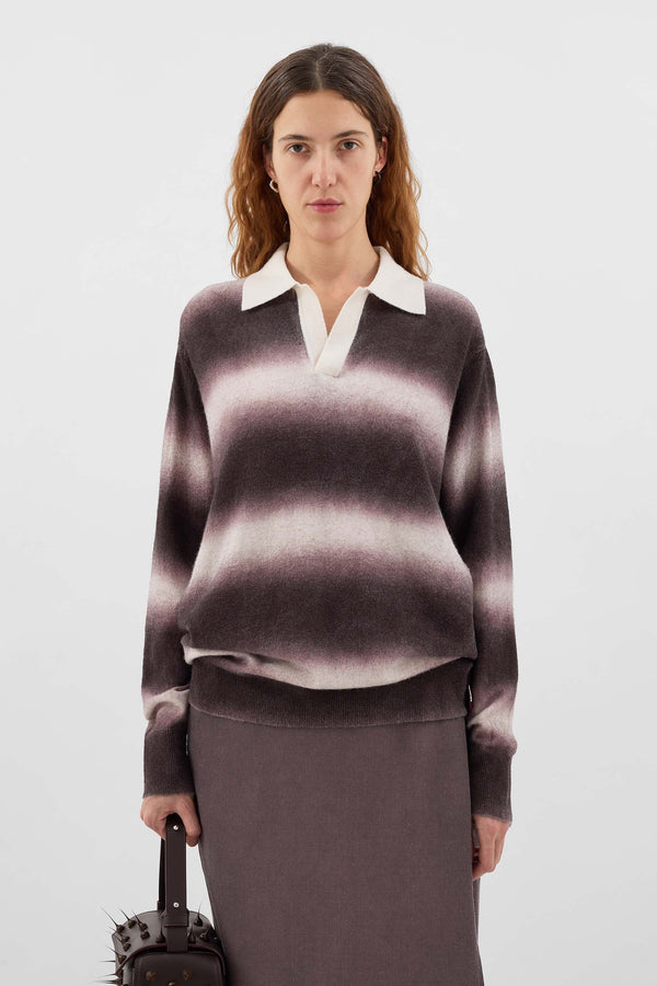 Sunnei STRIPED KNIT LONGSLEEVE POLO / Burnt Aubergine & Off White