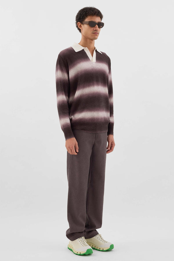 Sunnei STRIPED KNIT LONGSLEEVE POLO / Burnt Aubergine & Off White