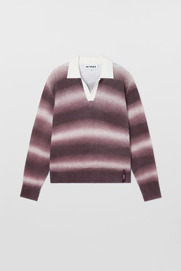 sunnei STRIPED KNIT LONGSLEEVE POLO / burnt aubergine & off white