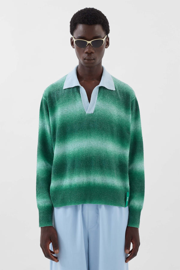Sunnei STRIPED KNIT LONGSLEEVE POLO / Green & Alice Blue