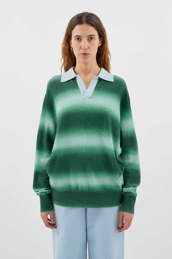 Sunnei STRIPED KNIT LONGSLEEVE POLO / Green & Alice Blue