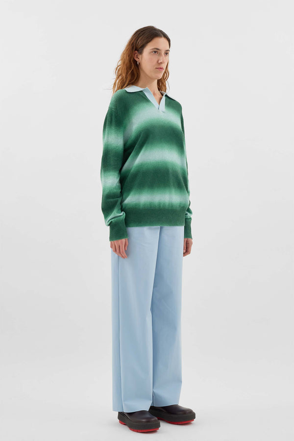 Sunnei STRIPED KNIT LONGSLEEVE POLO / Green & Alice Blue