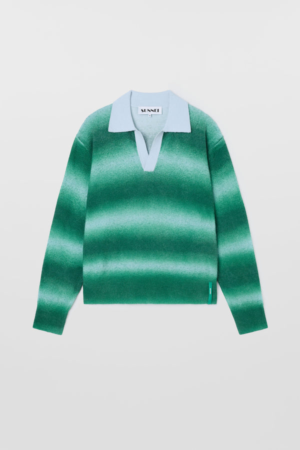 sunnei STRIPED KNIT LONGSLEEVE POLO / green & alice blue