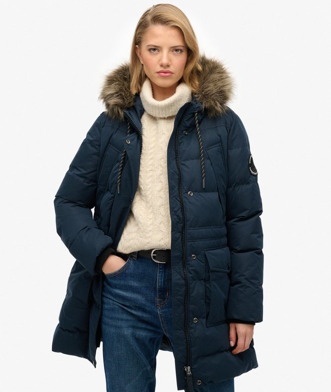 superdry Everest Microfibre Mid Faux Fur Puffer Jacket
