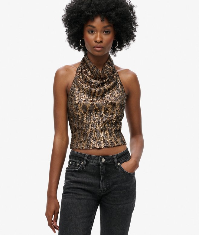 superdry Cowl Halter Neck Sequin Top