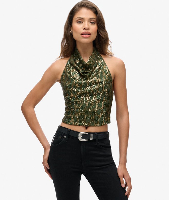 superdry Cowl Halter Neck Sequin Top