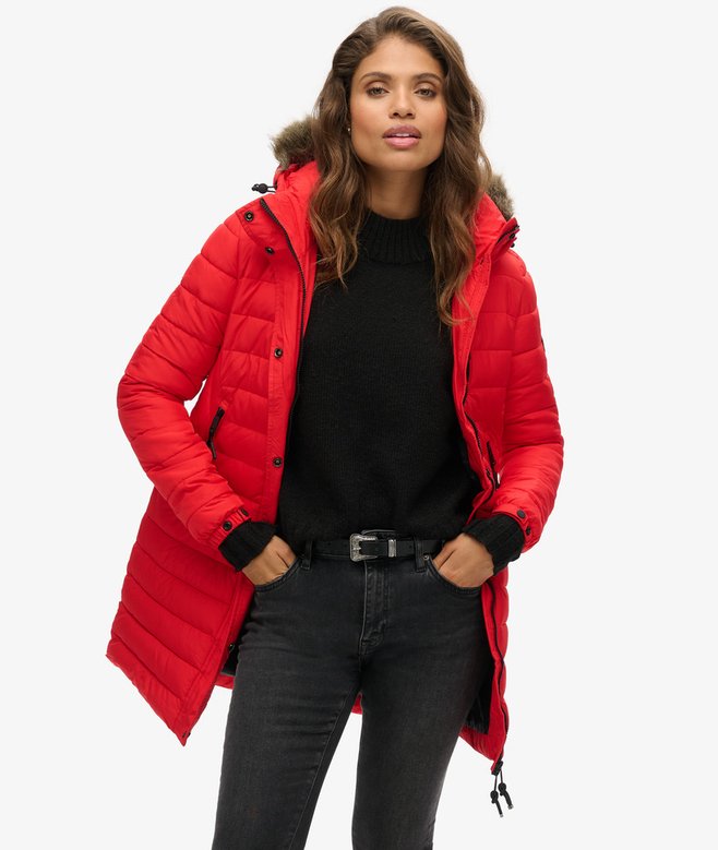 superdry Faux Fur Hooded Mid Length Puffer Jacket