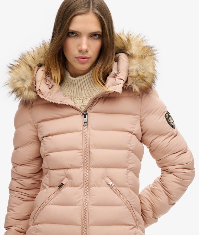 Superdry Fuji Faux Fur Hood Mid Length Puffer Coat