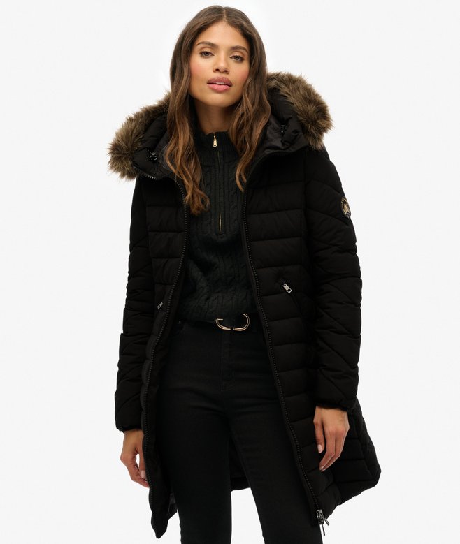 Superdry Fuji Faux Fur Hooded Mid Length Coat