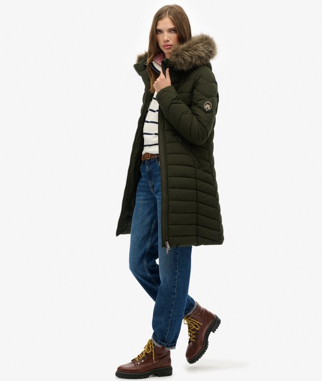 Superdry Fuji Faux Fur Hooded Mid Length Coat