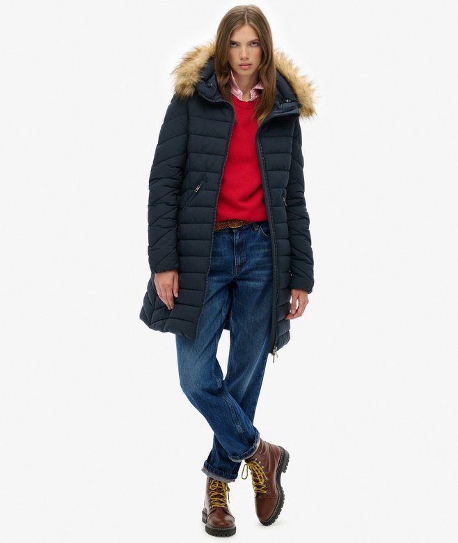 Superdry Fuji Faux Fur Hooded Mid Length Coat