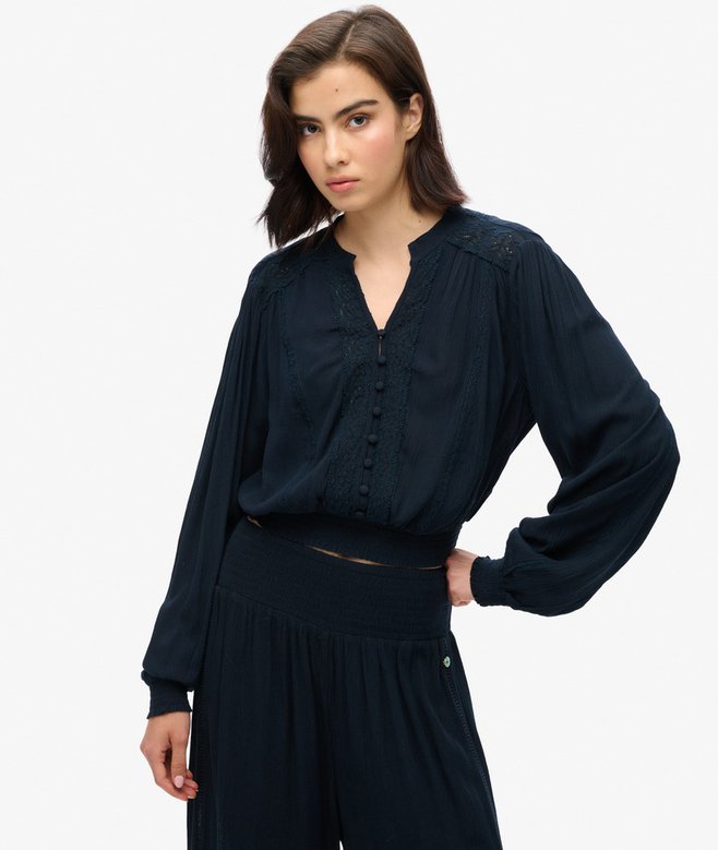 superdry Long Sleeve Lace Trim Smocked Blouse