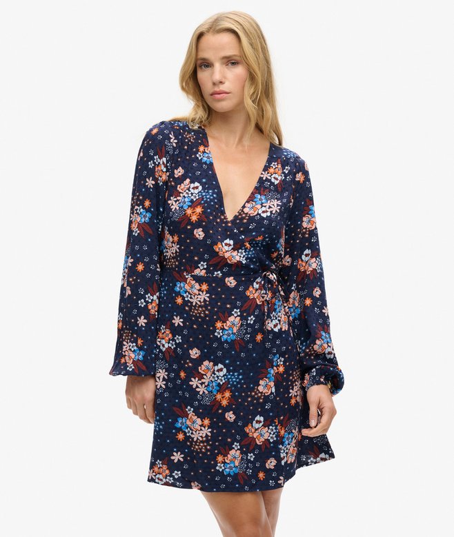 superdry Long Sleeve V Neck Mini Wrap Dress