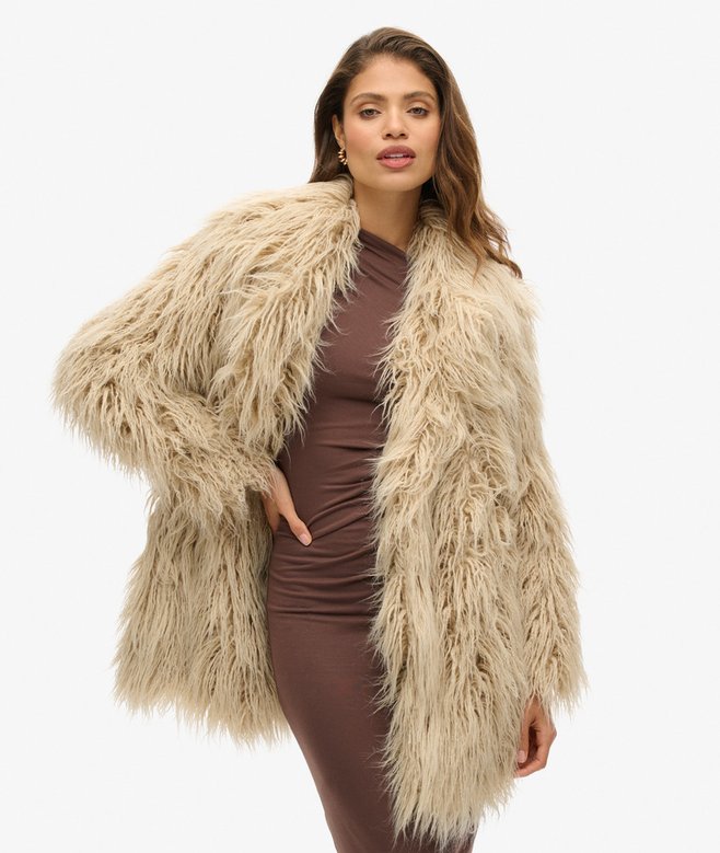 superdry Mid Length Faux Fur Coat