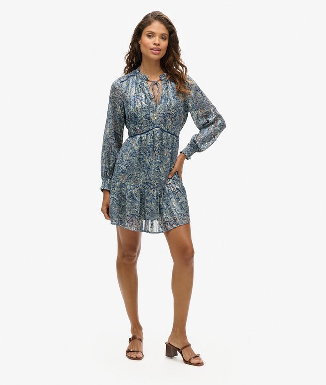 Superdry Printed Long Sleeve Metallic Mini Dress