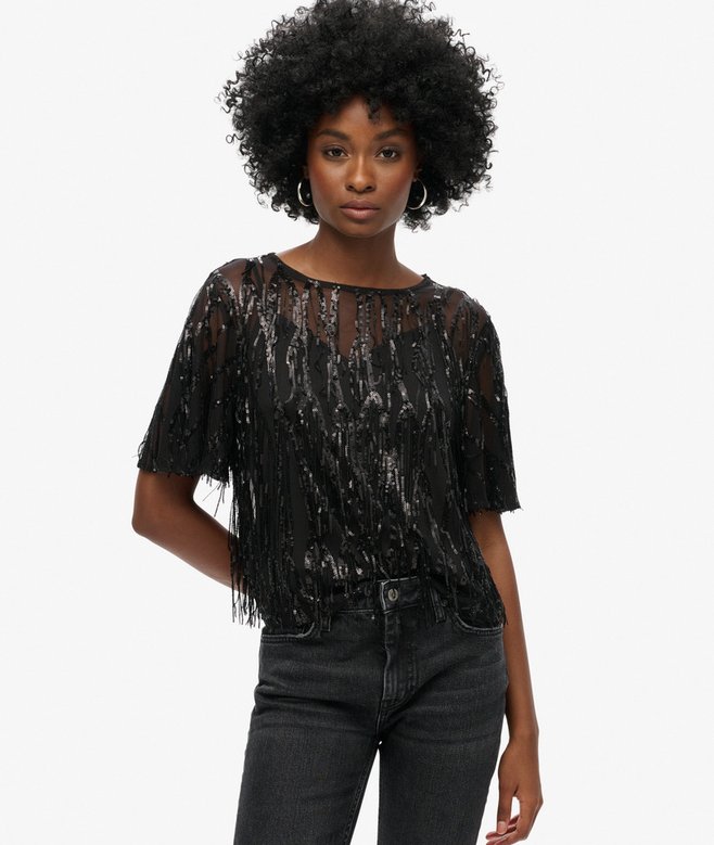 superdry Sheer Short Sleeve Sequin Top