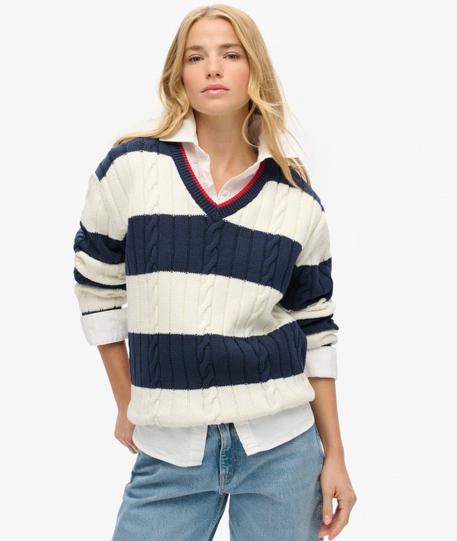 superdry Stripe Oversized Cable V Neck Jumper