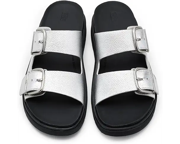 Supply Lab FitFlop Gen FF Buckle Tumbled Leather Two Bar Slides Women's Silver