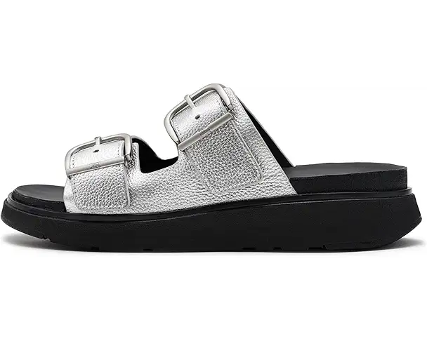 Supply Lab FitFlop Gen FF Buckle Tumbled Leather Two Bar Slides Women's Silver