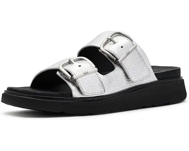 supply lab FitFlop Gen FF Buckle Tumbled Leather Two Bar Slides Women's Silver
