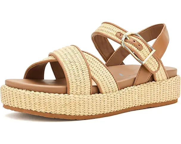 supply lab Johnston & Murphy Carli Cross-Band Sandals Women's Natural Raffia/Cognac Nappa Leather