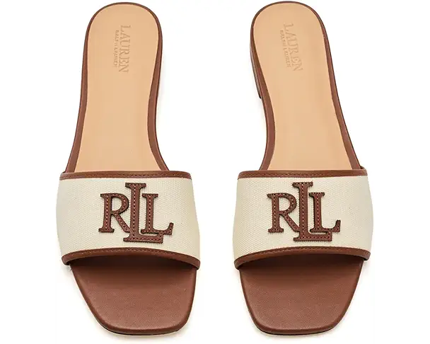Supply Lab Lauren Ralph Lauren Everley Leather-Trim Canvas Slide Sandals Women's Natural/Lauren Tan