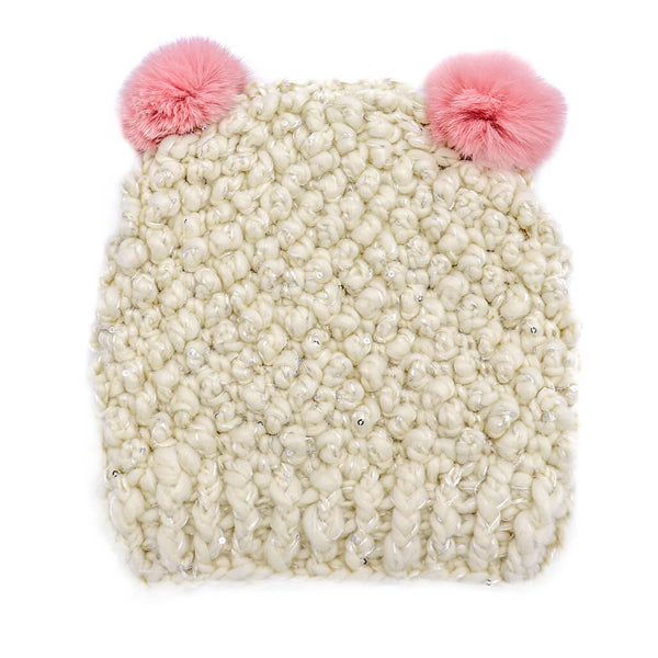 Surell Children's Minnie Popcorn Beanie With Rabbit Fur Poms